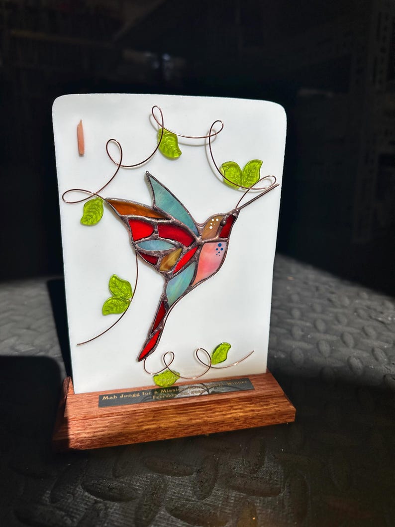 Handmade Stained Glass Mahjongg Mahjong Bird Bam Tile Trophy Award Plaque with Wooden Base image 12