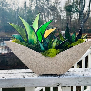 Gorgeous Mid-Century Modern Stained Glass Agave Potted Plants in Retro 1950s Shawnee White Speckled Planter Centerpiece