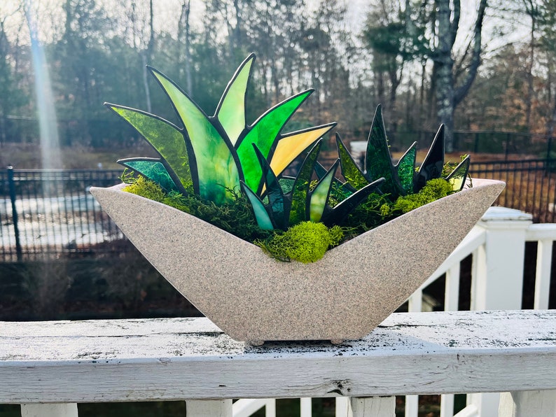 Gorgeous Mid-Century Modern Stained Glass Agave Potted Plants in Retro 1950s Shawnee White Speckled Planter Centerpiece image 1