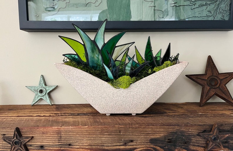 Gorgeous Mid-Century Modern Stained Glass Agave Potted Plants in Retro 1950s Shawnee White Speckled Planter Centerpiece image 4