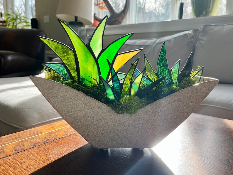 Gorgeous Mid-Century Modern Stained Glass Agave Potted Plants in Retro 1950s Shawnee White Speckled Planter Centerpiece image 2