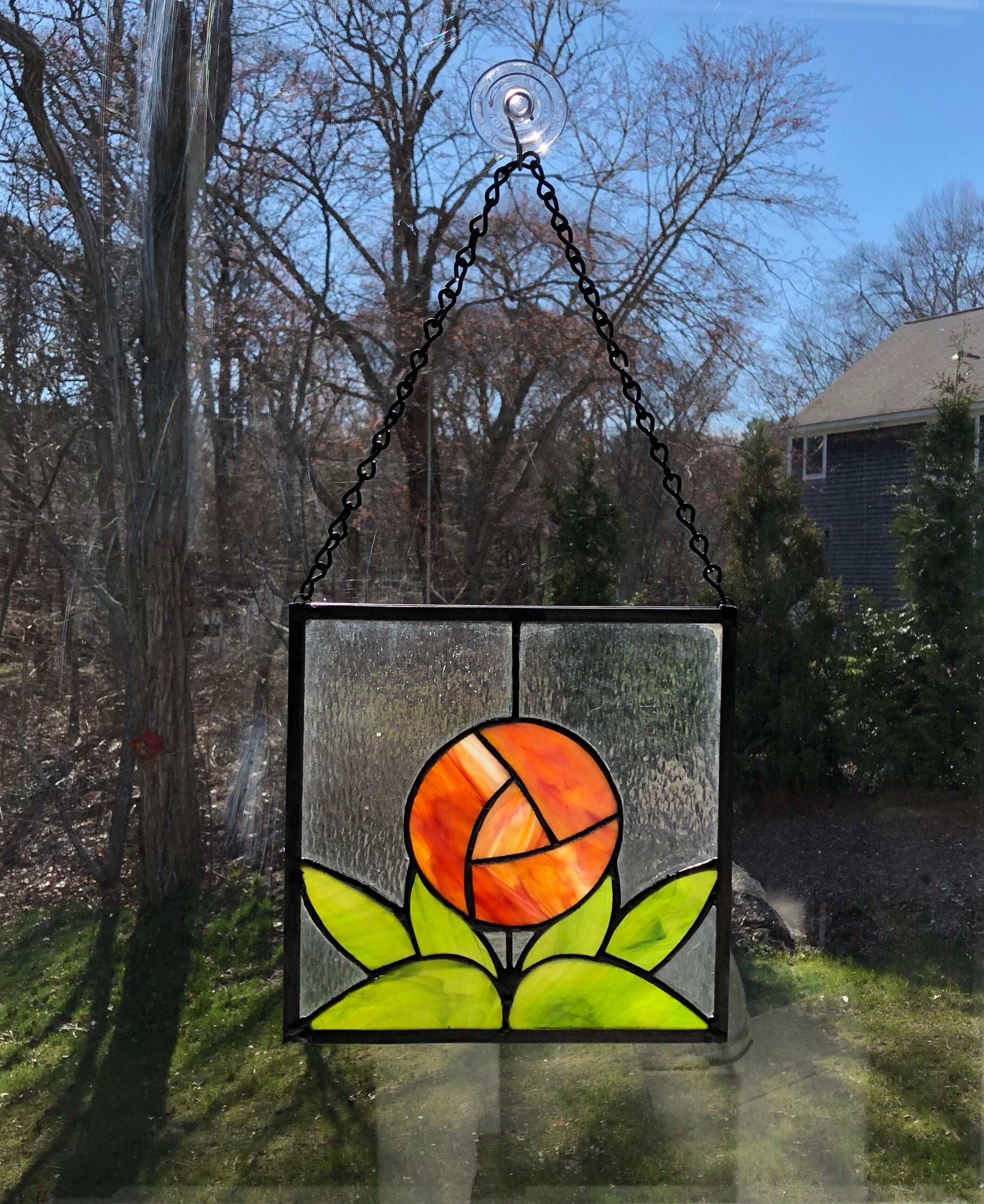 Stained Glass Art Deco Rose Floral Orange Window C Etsy Ireland