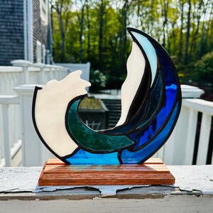 Gorgeous Art Glass Wave Sculpture in Wooden Base Sculpture Nautical Glass Art Piece image 2