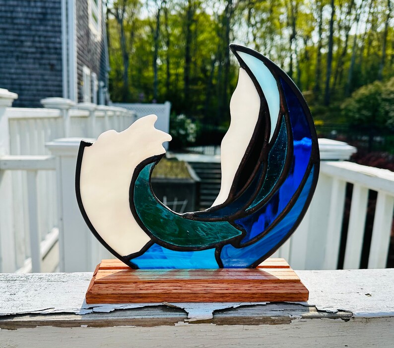 Gorgeous Art Glass Wave Sculpture in Wooden Base Sculpture Nautical Glass Art Piece image 2