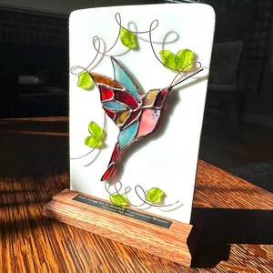 Handmade Stained Glass Mahjongg Mahjong Bird Bam Tile Trophy Award Plaque with Wooden Base image 2