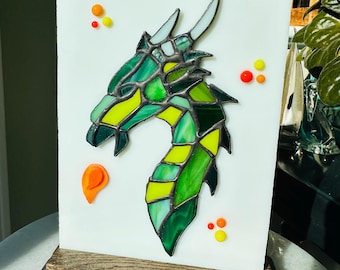 Handmade Stained Glass Mahjongg Mahjong Green Dragon Tile Trophy Award Plaque with Wooden Base