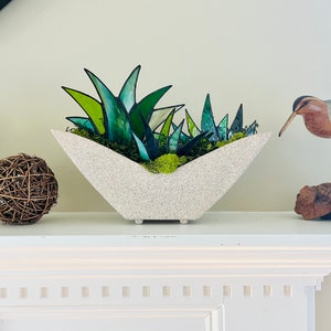 Gorgeous Mid-Century Modern Stained Glass Agave Potted Plants in Retro 1950s Shawnee White Speckled Planter Centerpiece image 3