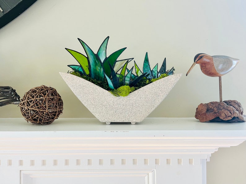 Gorgeous Mid-Century Modern Stained Glass Agave Potted Plants in Retro 1950s Shawnee White Speckled Planter Centerpiece image 3