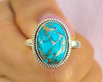 Genuine Turquoise Ring, Silver Turquoise Ring, Copper Turquoise Ring, Sterling Silver Ring, Boho Turquoise Ring, Mother's Day Gift For Mom