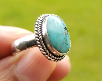 Stacking ring 92.5/% Solid sterling silver ring round shape turquoise stone ring handmade ring silver Turquoise ring Turquoise ring