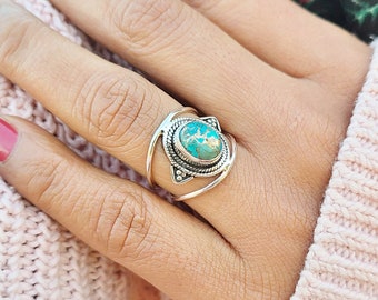 Genuine Turquoise Ring, Silver Turquoise Ring, Turquoise Ring, Sterling Silver Ring, Boho Ring, Copper Turquoise Ring, Mother's Day Gift