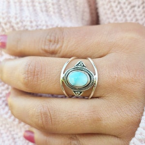 Natural Larimar Sterling Silver Ring – Boho Vintage Style Solitaire, 9x6mm Pear Stone, Rhodium Plated