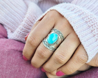 Genuine Larimar Ring, Larimar Silver Ring, Larimar Ring, 92.5 Silver Ring, Sterling Silver Ring, Larimar Statement Ring, Boho Hippie Ring,