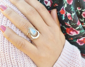 Genuine Moonstone Ring, Moonstone Silver Ring, Moonstone Ring, Moonstone Statement Ring, Boho Ring, Mother's Day Gift For Mom, Gift For Her