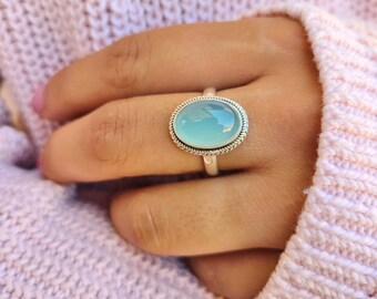 Aqua Chalcedony Stackable Ring 18k Gold Plated Dainty Engagement Ring Jewelry