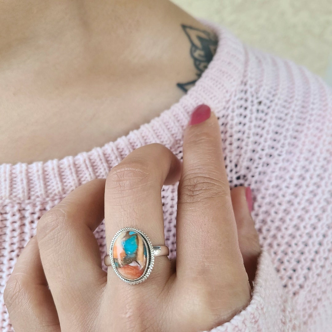 Spiny Oyster Turquoise Ring, Oyster Copper Turquoise Ring, Spiny Turquoise Ring, Orange