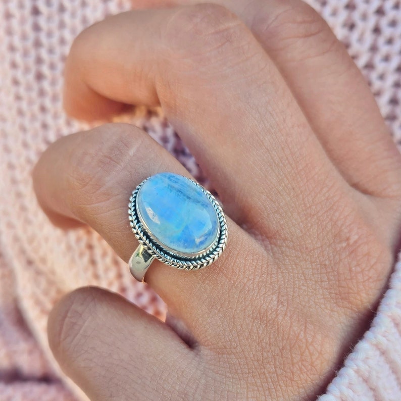 Genuine Moonstone Ring, Moonstone Silver Ring, Handmade Ring, Moonstone Ring, Rainbow Moonstone Ring, Moon Stone Ring, Mother's Day Gift image 7