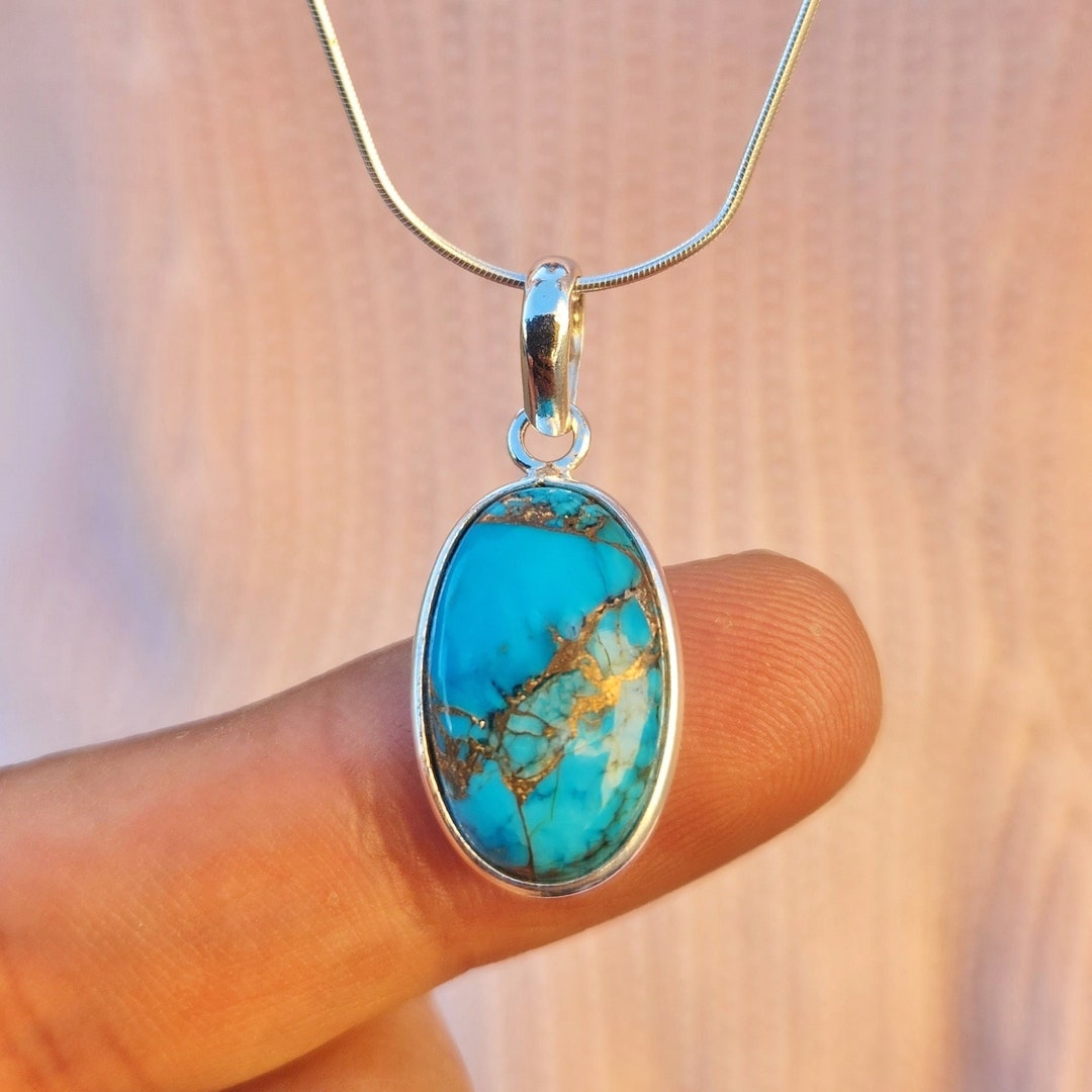 Genuine Turquoise Pendant, Sterling Silver Turquoise Pendant, Boho