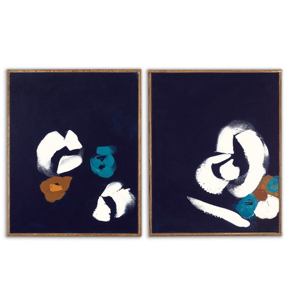 Diptych  (Painting Pair)- Abstract Navy Botanical