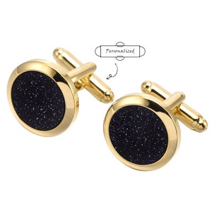 Boutons de manchette de mariage personnalisés - boutons de manchette de garçons d'honneur personnalisés gravés - Design élégant nuit étoilée en or et argent