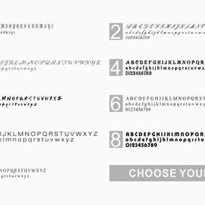 May include: Nine different font styles are displayed in a gray box with the text "CHOOSE YOUR FONT" at the bottom. Each font style includes uppercase and lowercase letters, numbers, and punctuation.