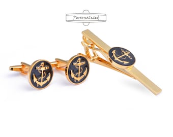 Nautical Anchor Design Tie Clip with Personalised Engraved Chrome Case - Silver Anchor Cufflinks - Groom Wedding Cufflinks - Groom Cufflinks