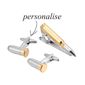 Personalized carved bullet cufflinks, personalized signature bullet tie clip. personalized name Gold and silver two-tone bullet tie clip image 1