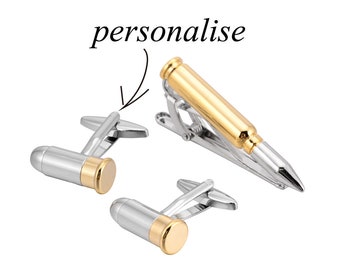 Personalized carved bullet cufflinks, personalized signature bullet tie clip. personalized name Gold and silver two-tone bullet tie clip