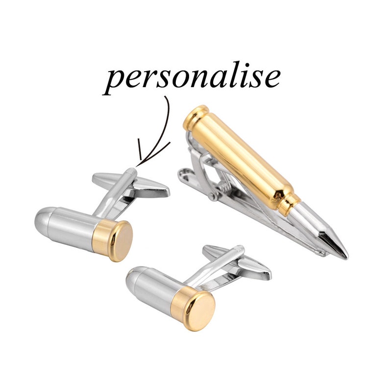 Personalized carved bullet cufflinks, personalized signature bullet tie clip. personalized name Gold and silver two-tone bullet tie clip image 1