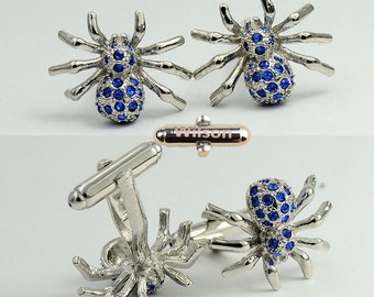 custom spider cuff links,custom wedding cufflinks, square cufflinks,blue Spider Cufflinks, Spider Tie tacks,Groomsmen Cuff links for men