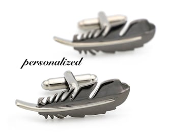 Personalized name cufflinks, feather cufflinks, unique French cufflinks, Christmas Halloween gifts