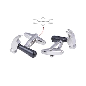 Personalized name cufflinks, hammer tool cufflinks, diamond silver cufflinks, carpentry cufflinks