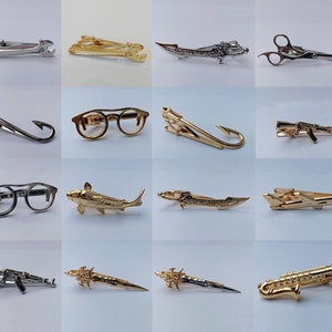 Personalized name tie clips, AK47 wrench tie bars, fishhook tie clips, scissors tie clips, Boeing 747 tie clips, saxophone tie clips