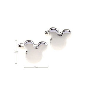 May include: Silver cufflinks shaped like Mickey Mouse's head. The cufflinks are 1.5 inches wide and 1.6 inches tall.