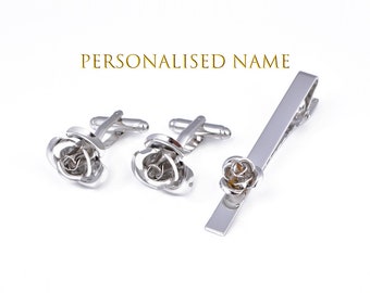 silver rose tie clip, golden rose flower cufflinks, wedding cufflinks, wedding tie clip gift for best man