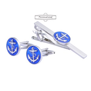 Blue Anchor Tie Clip - Gold Anchor Cufflinks - Boat Anchor Cufflinks - Groom&#39;s Cufflinks-Groomsmen Gifts-Groomsmen Cufflinks-Father&#39;s Gifts