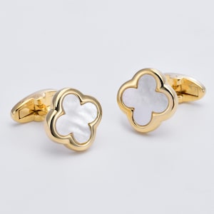 Personalized gold four-leaf clover cufflinks with mother-of-pearl cufflinks, initial engraved cufflinks, wedding gift for best man