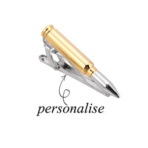 Personalized carved bullet cufflinks, personalized signature bullet tie clip. personalized name Gold and silver two-tone bullet tie clip image 2