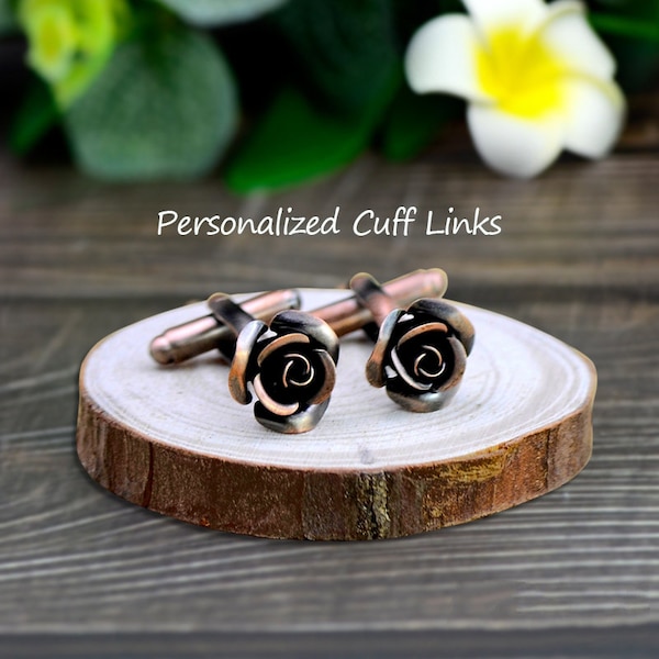 Personalized bronze rose cufflinks, unique novelty custom engraved initials silver rose cufflinks wedding groomsman vintage brass Cufflinks