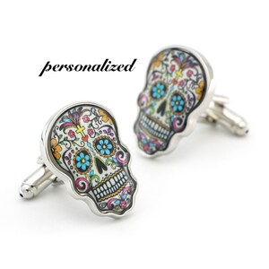 Personalized name cufflinks, painted skull cufflinks, unique Christmas Halloween Gift