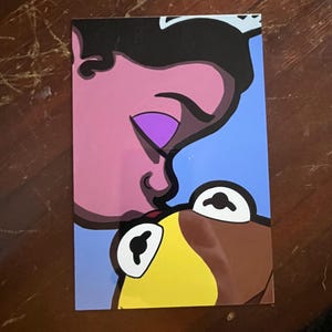 Princess Tiana Kissing Kermit Metal Print | Disney & Muppets Crossover | 4x6 High-Gloss Plaque with Stand | Whimsical Pop Art Romance