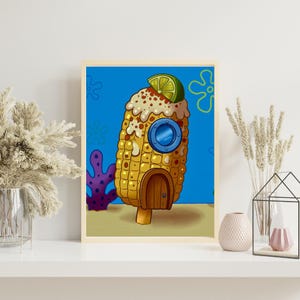 Impresión artística de la Casa de Maíz Esponja (8x10) / La piña de Bob Esponja reimaginada como elote / Arte mural caprichoso de la cultura pop / Impresión divertida inspirada en la comida