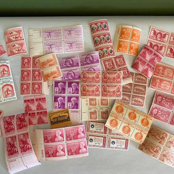 102 Unused, Vintage USA Postage Stamps, Red, Pink, Orange, Philatelic, Junk Journal