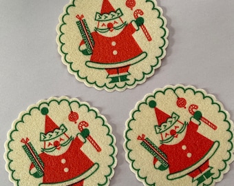 Santa Coasters, Set of 3, 1960s, Paper Fiber, Vintage