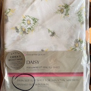 Vintage Unopened Sears Twin Flat Sheet, Daisy Pattern, Perma Prest Percale Sheet, 66 in x 96 in, Deadstock