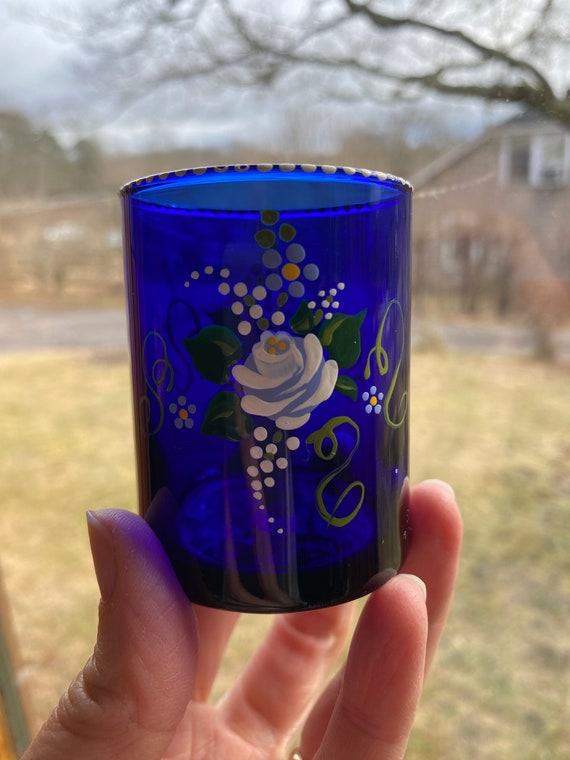 Cobalt Blue Glass Hand Painted Floral Votive Holder, Vintage