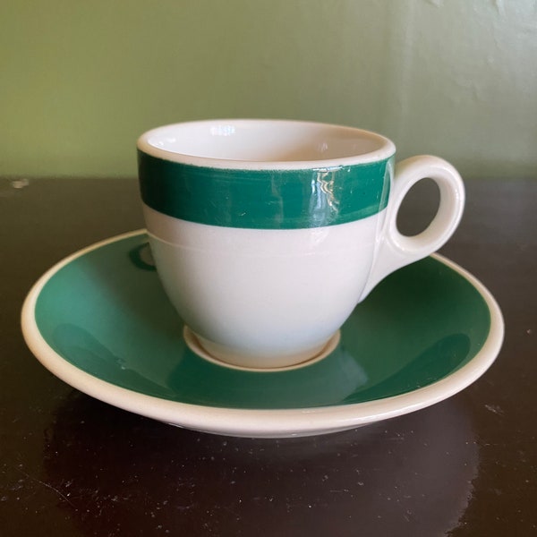 Espresso Cup & Saucer, Walker China, Vitrified, 1930s, Vintage, Green Stripe
