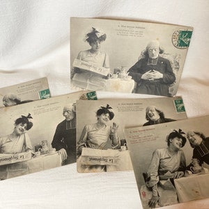 Antique French Post Cards, Set of 5, Une Bonne Histoire, Ephemera, Hand Written, Used