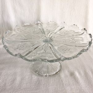 Small Glass Cake Stand, Sandwich Glass Pedestal Cake Plate, Vintage Pressed Glass Cake Stand, Sunflower, X Pattern
