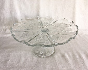 Small Glass Cake Stand, Sandwich Glass Pedestal Cake Plate, Vintage Pressed Glass Cake Stand, Sunflower, X Pattern